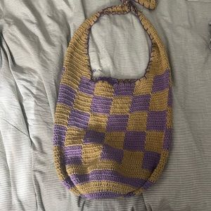 Purple and Tan Checkered Crochet Bag
